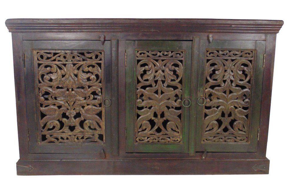 60" Brown Distressed Solid Wood Carved Scrollwork Buffet Table With Three Doors