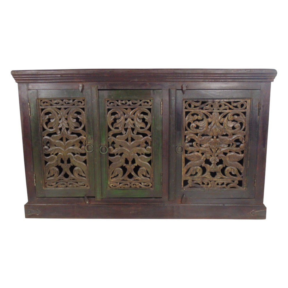 60" Brown Distressed Solid Wood Carved Scrollwork Buffet Table With Three Doors