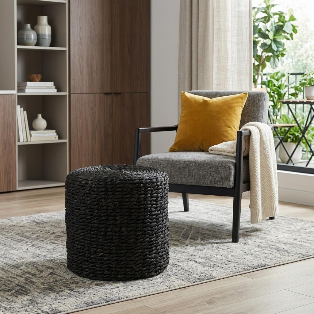 18" Black Jute Round Pouf Ottoman