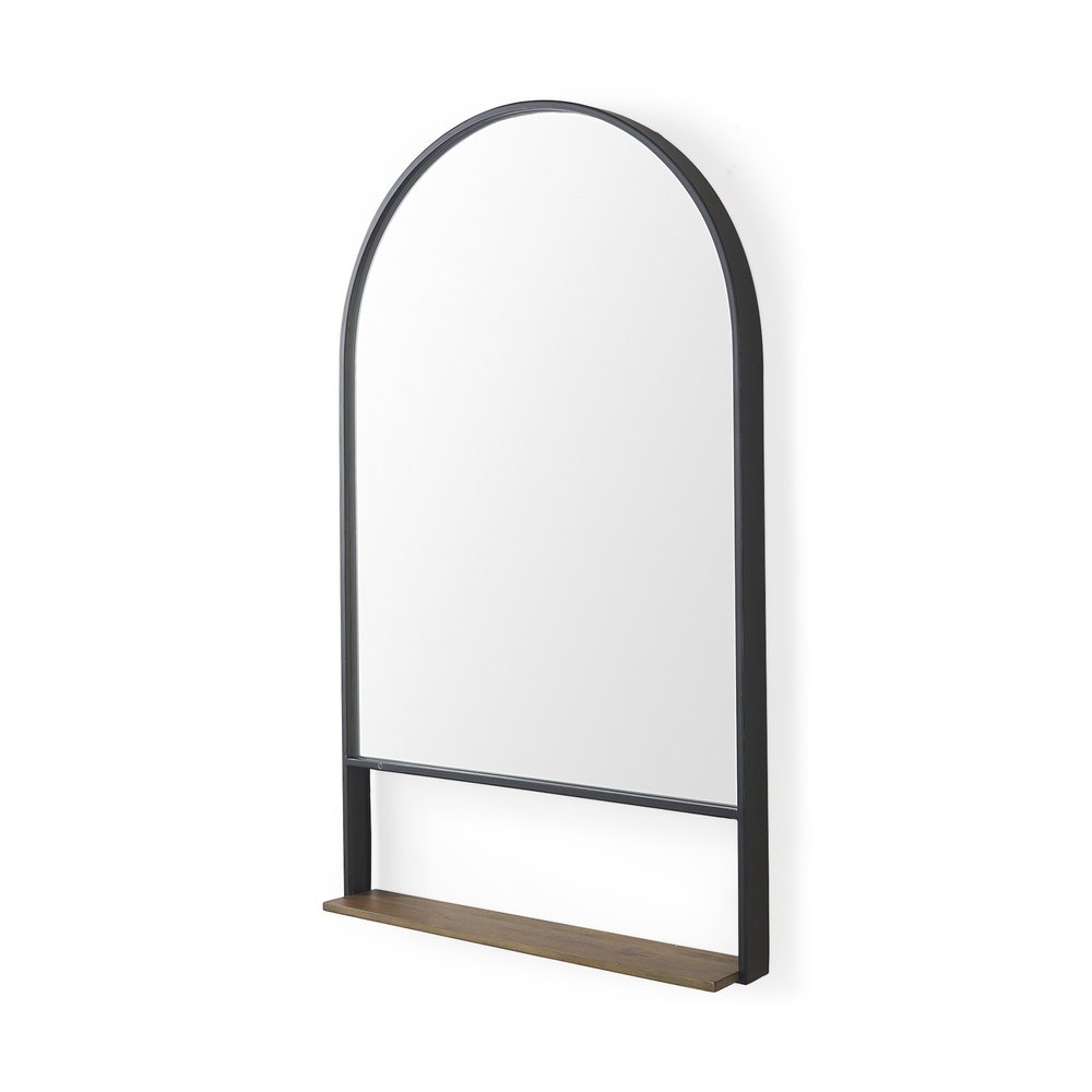 40" Black Metal Arch Framed Accent Mirror With Shelf