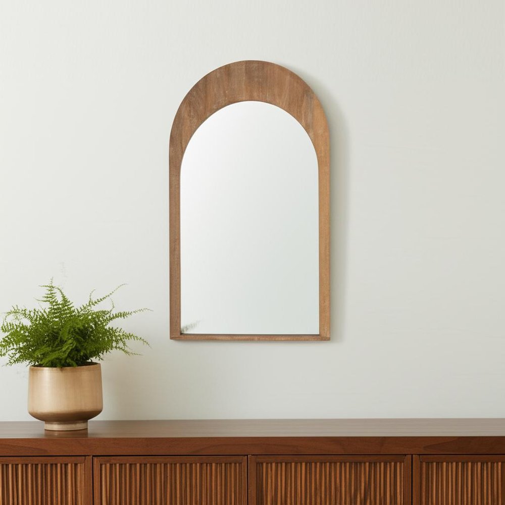 48" Light Brown Solid Wood Arch Framed Accent Mirror
