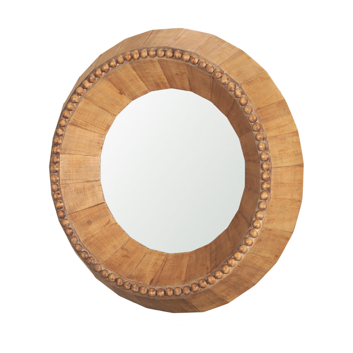 30" Brown Solid Wood Faceted And Beaded Round Framed Accent Mirror