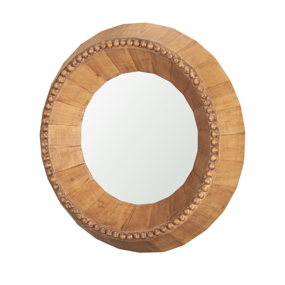 30" Brown Solid Wood Faceted And Beaded Round Framed Accent Mirror