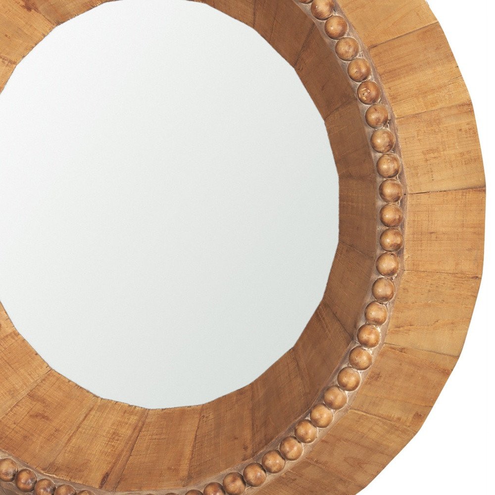 30" Brown Solid Wood Faceted And Beaded Round Framed Accent Mirror