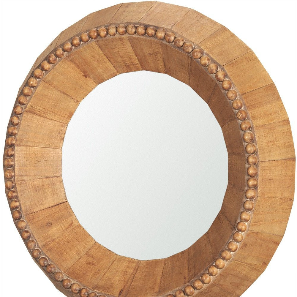 30" Brown Solid Wood Faceted And Beaded Round Framed Accent Mirror