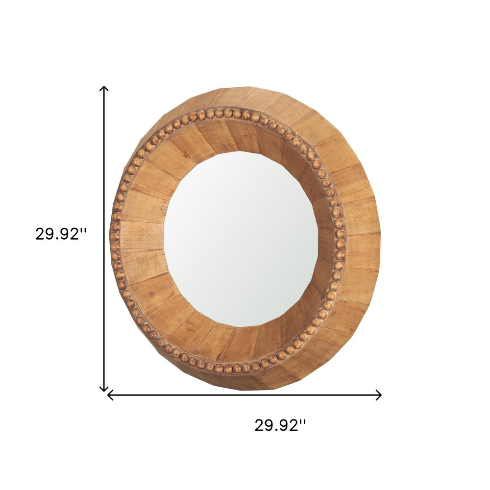 30" Brown Solid Wood Faceted And Beaded Round Framed Accent Mirror