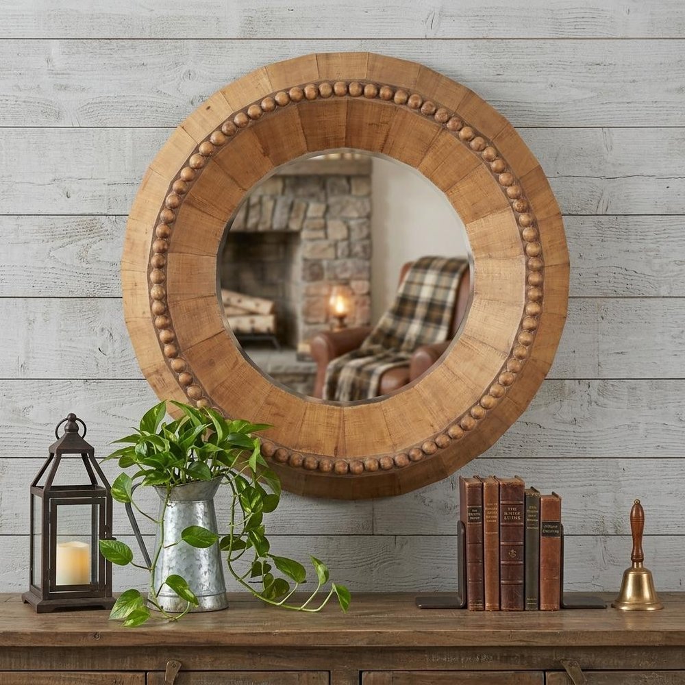 30" Brown Solid Wood Faceted And Beaded Round Framed Accent Mirror