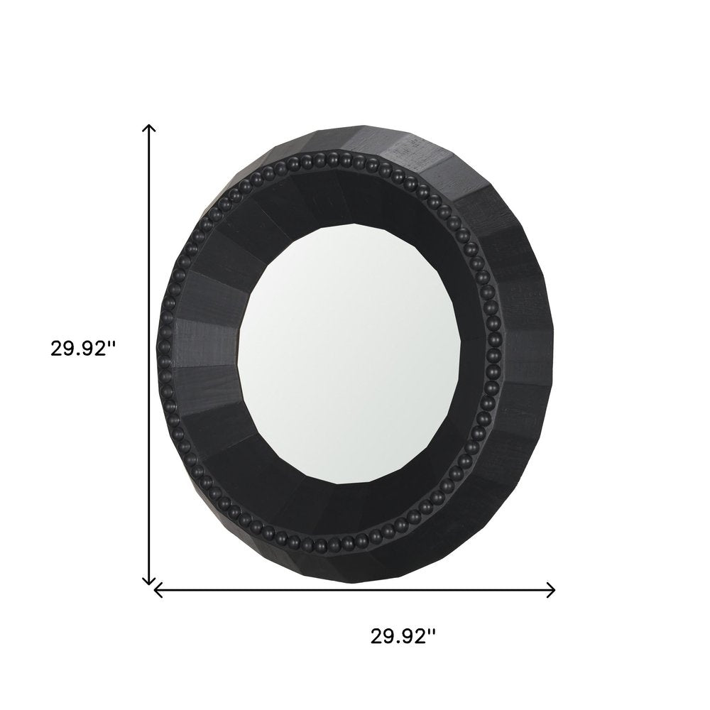 30" Black Solid Wood Faceted And Beaded Round Framed Accent Mirror
