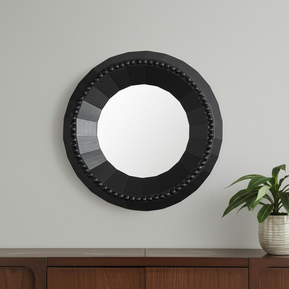 30" Black Solid Wood Faceted And Beaded Round Framed Accent Mirror