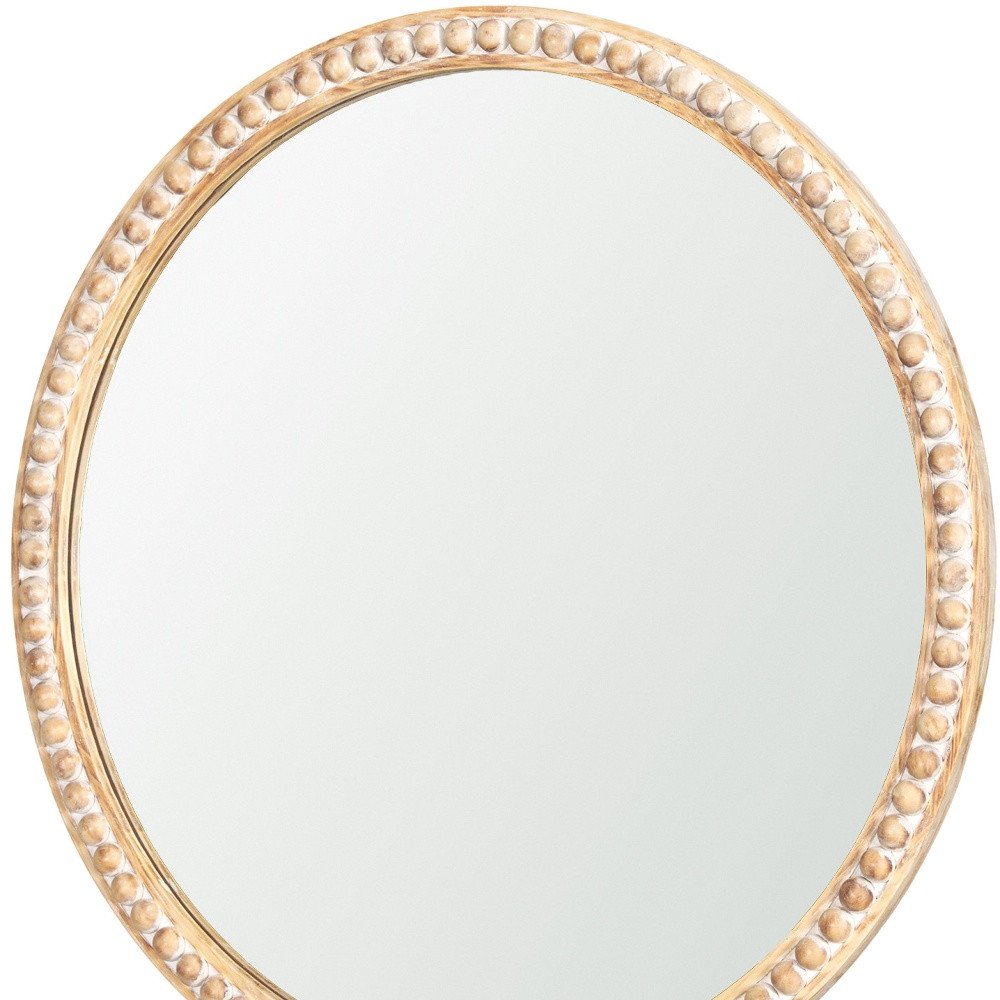 30" Natural Solid Wood Beaded Round Framed Accent Mirror