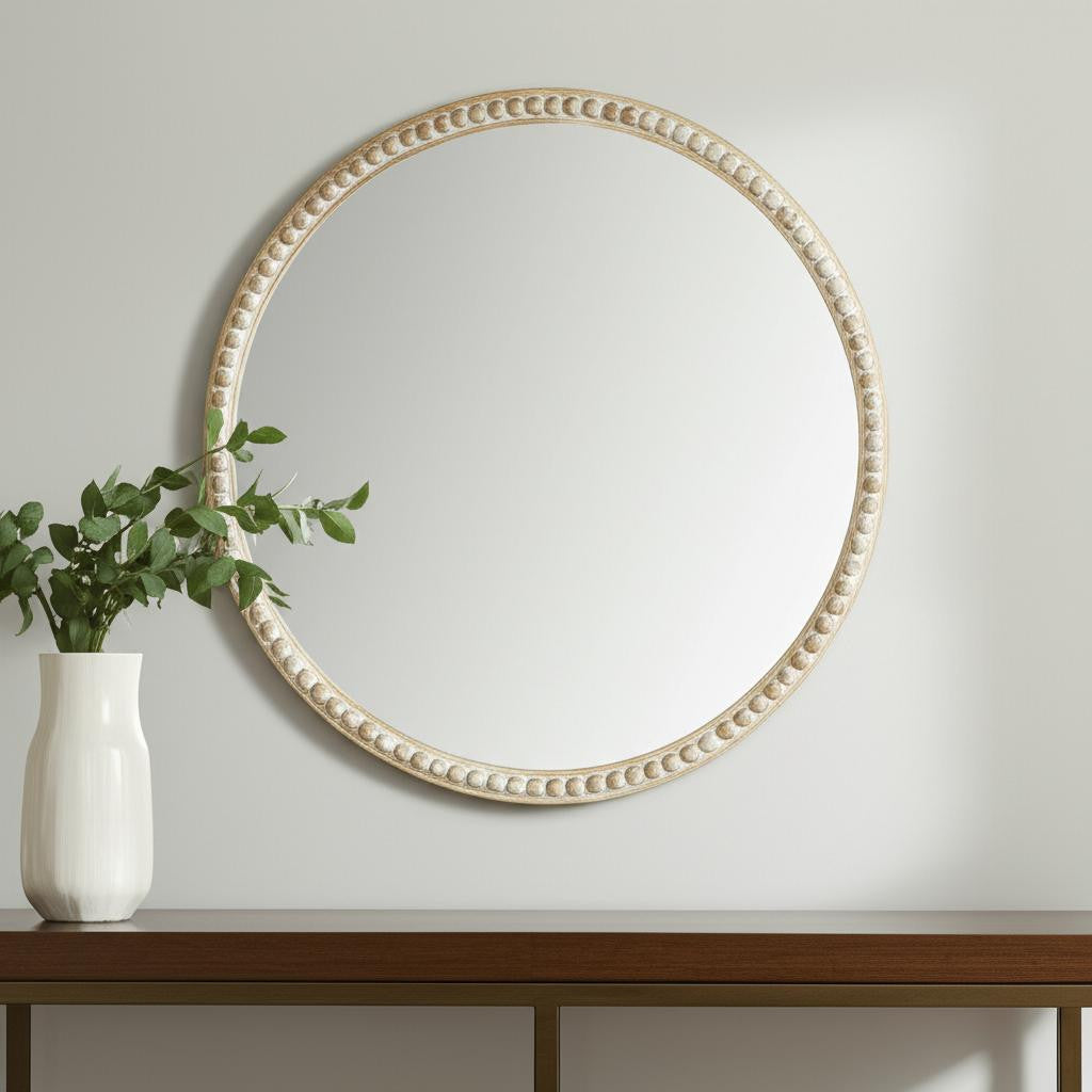 30" Natural Solid Wood Beaded Round Framed Accent Mirror