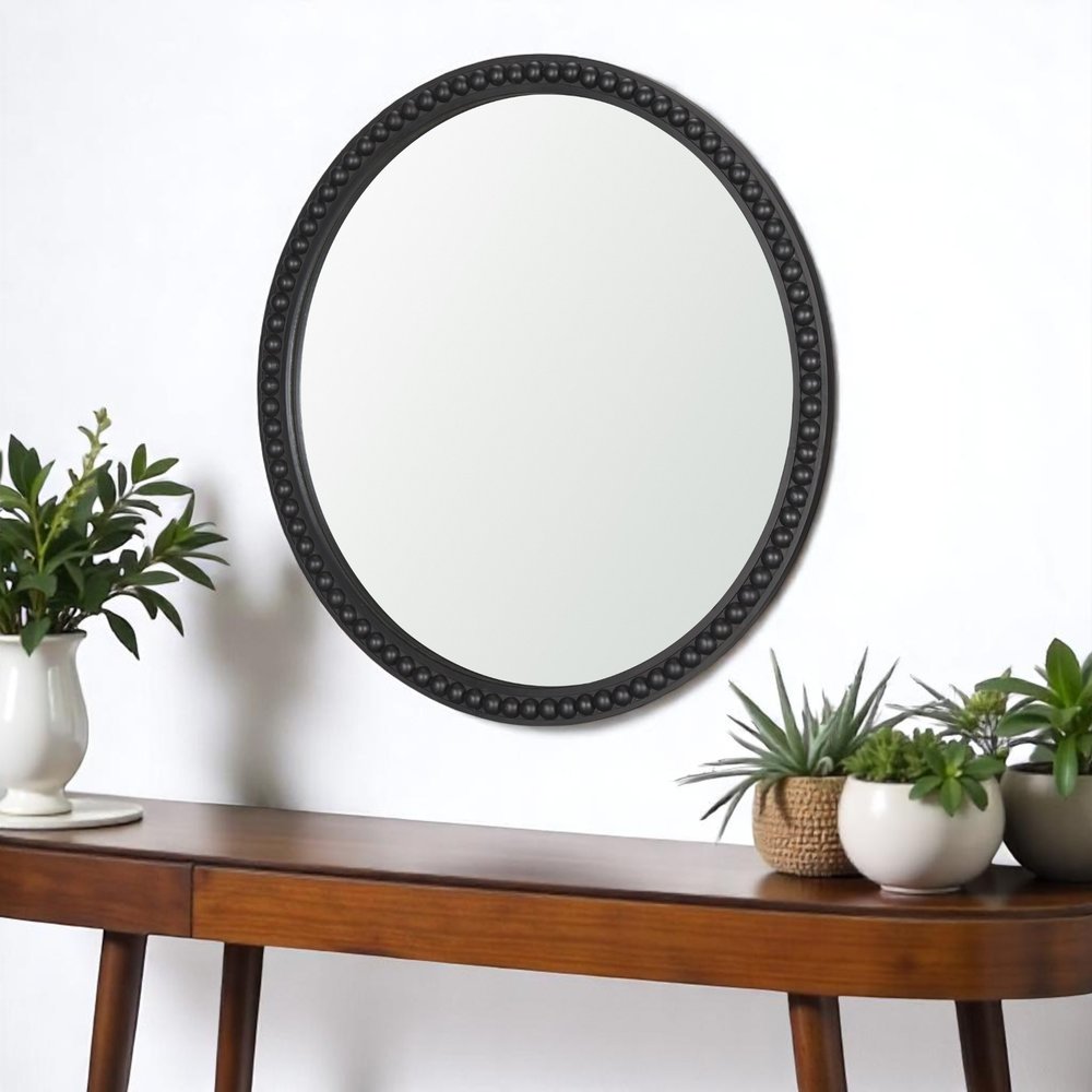 30" Black Solid Wood Beaded Round Framed Accent Mirror