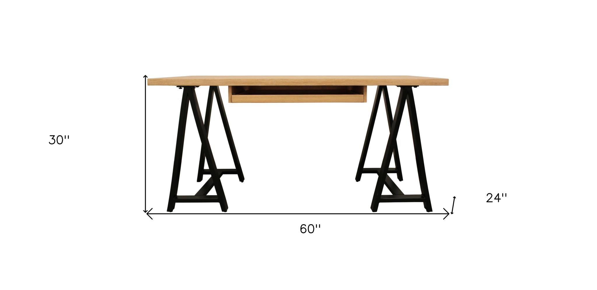 60" Natural and Black Solid Wood and Metal Trestle Executive Desk