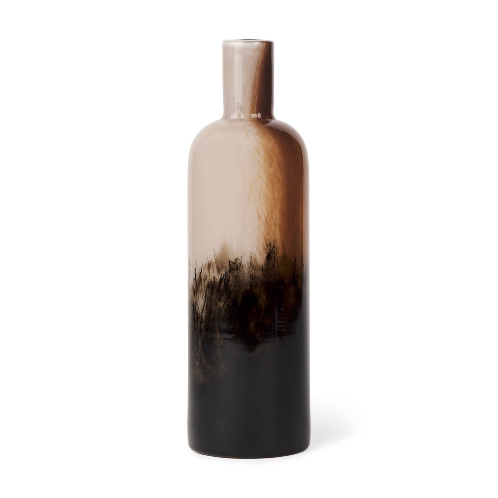 11" Amber Cream And Dark Brown Abstract Glass Table Vase