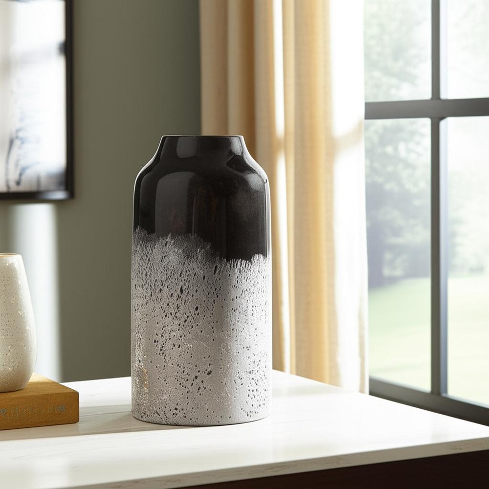 10" Black And Gray Abstract Glass Cylinder Table Vase