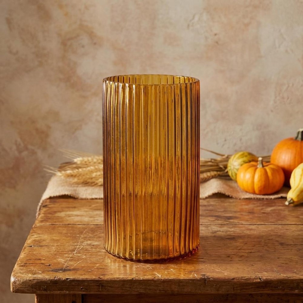 8" Amber Cylinder Ribbed Glass Table Vase