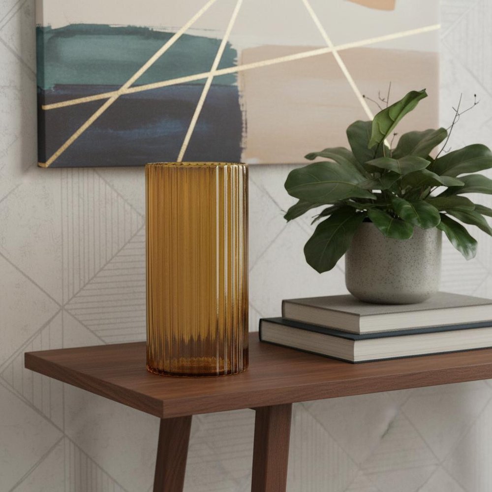 11" Amber Glass Ribbed Cylinder Table Vase