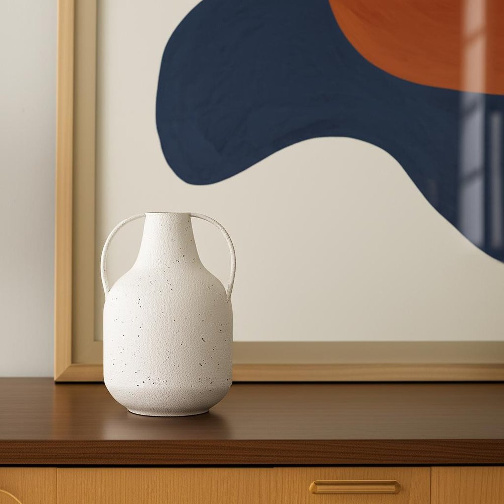 12" White Speckle Metal Amphora Table Vase