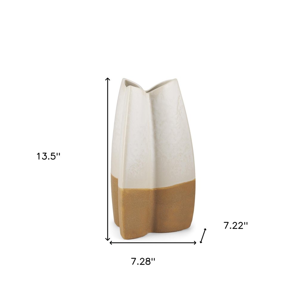 14" Off White And Tan Color Block Ceramic Table Vase