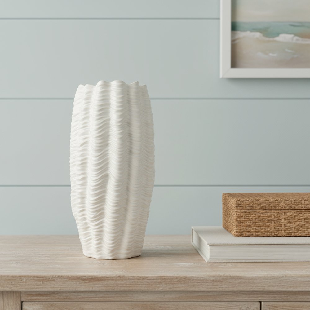 24" Cream Cylinder Ceramic Sculptural Waves Table Vase