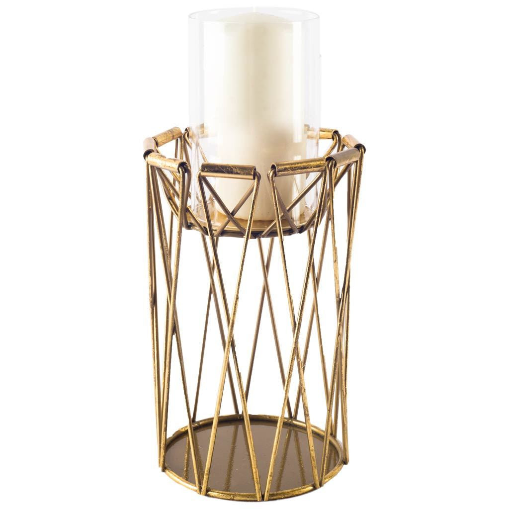 10" Antiqued Brass Distressed Geometric Metal And Glass Tabletop Hurricane Candle Holder