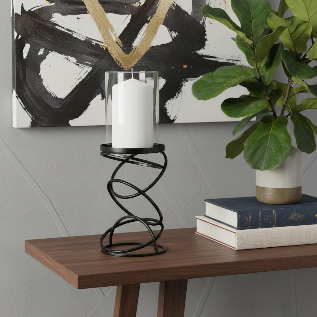 14" Black Geometric Glass And Metal Tabletop Pillar Candle Holder