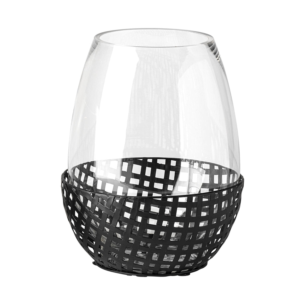 10" Black Woven Metal And Glass Tabletop Hurricane Candle Holder