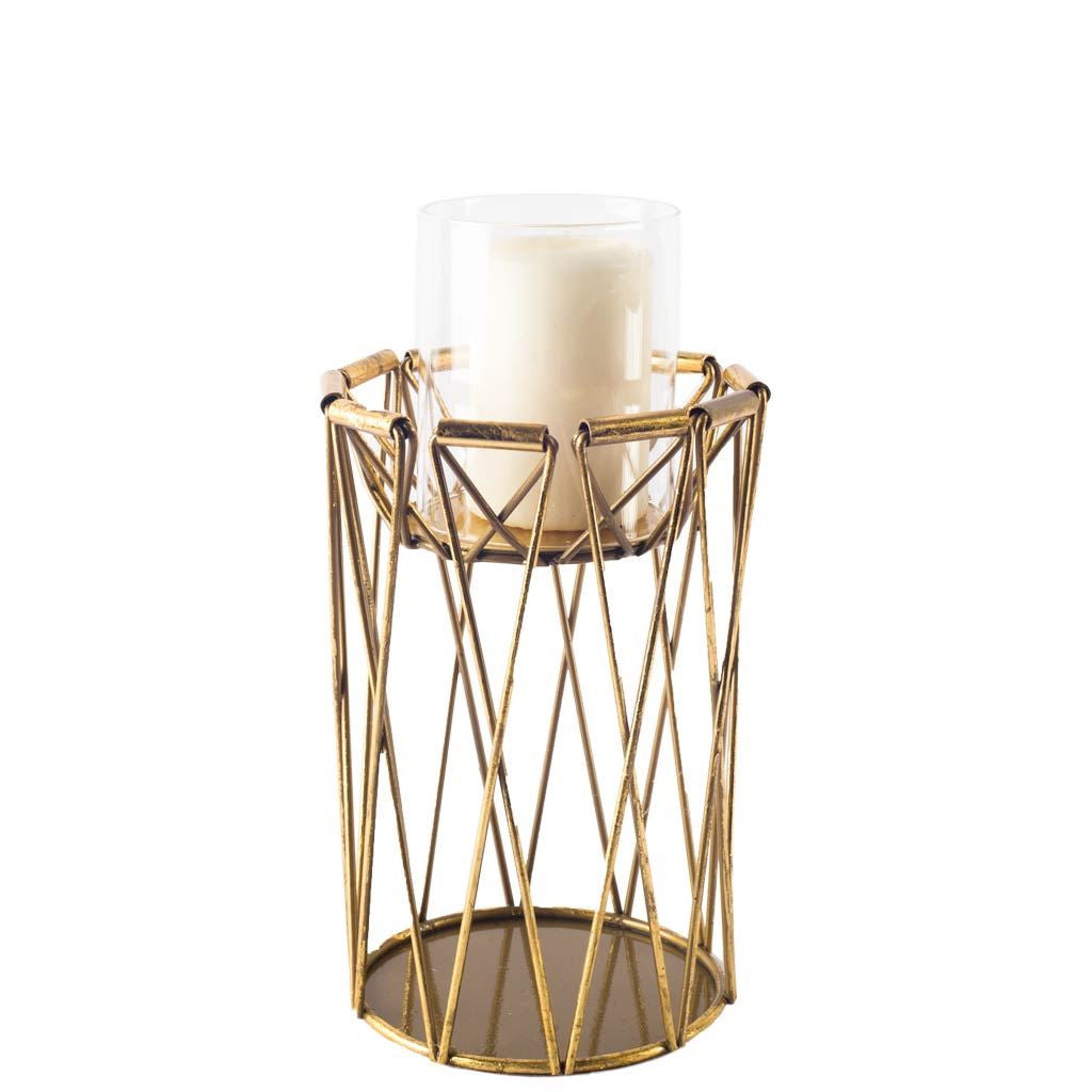 8" Antiqued Brass Distressed Geometric Metal And Glass Tabletop Hurricane Candle Holder