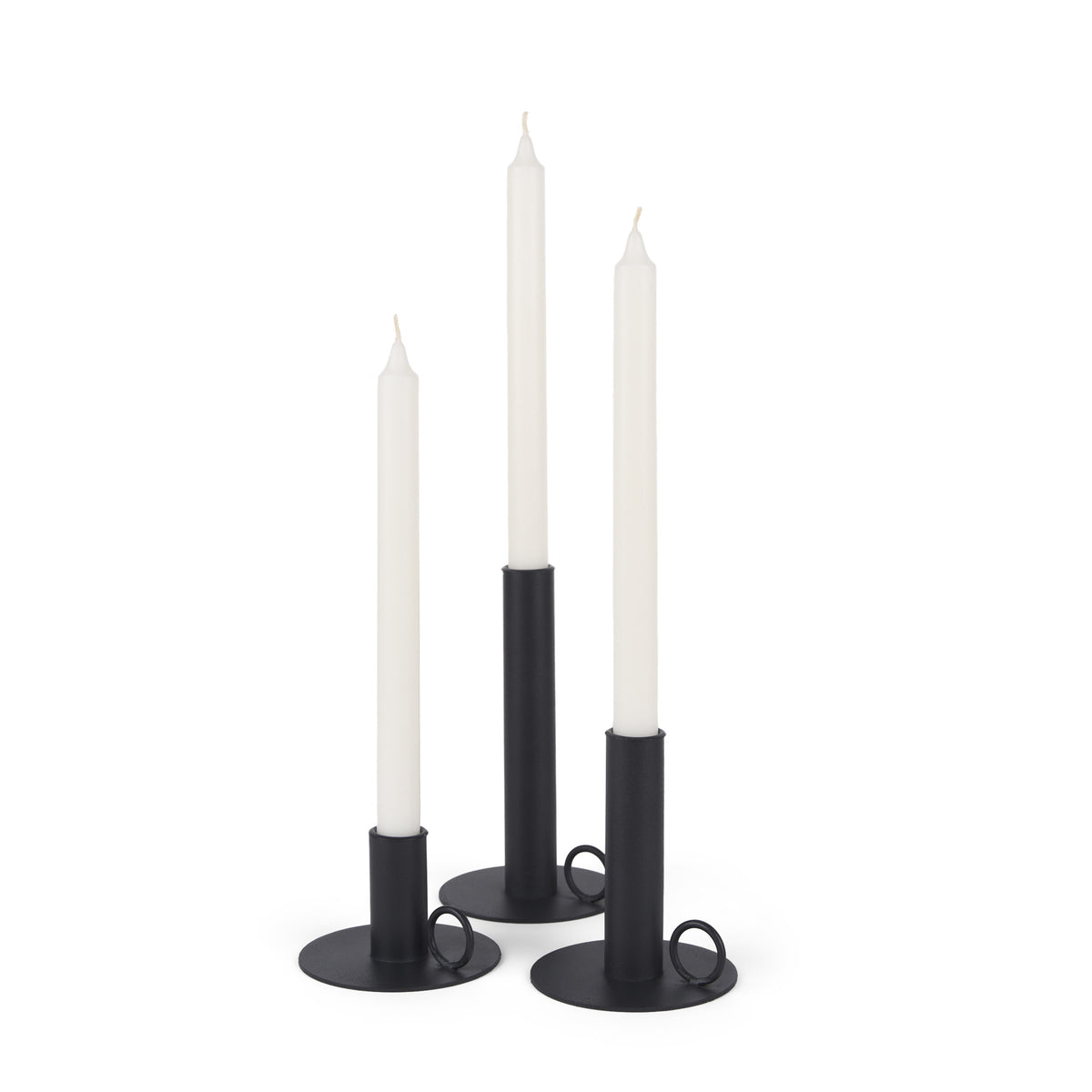 Set of Three Black Geometric Metal Tabletop Taper Candlesticks