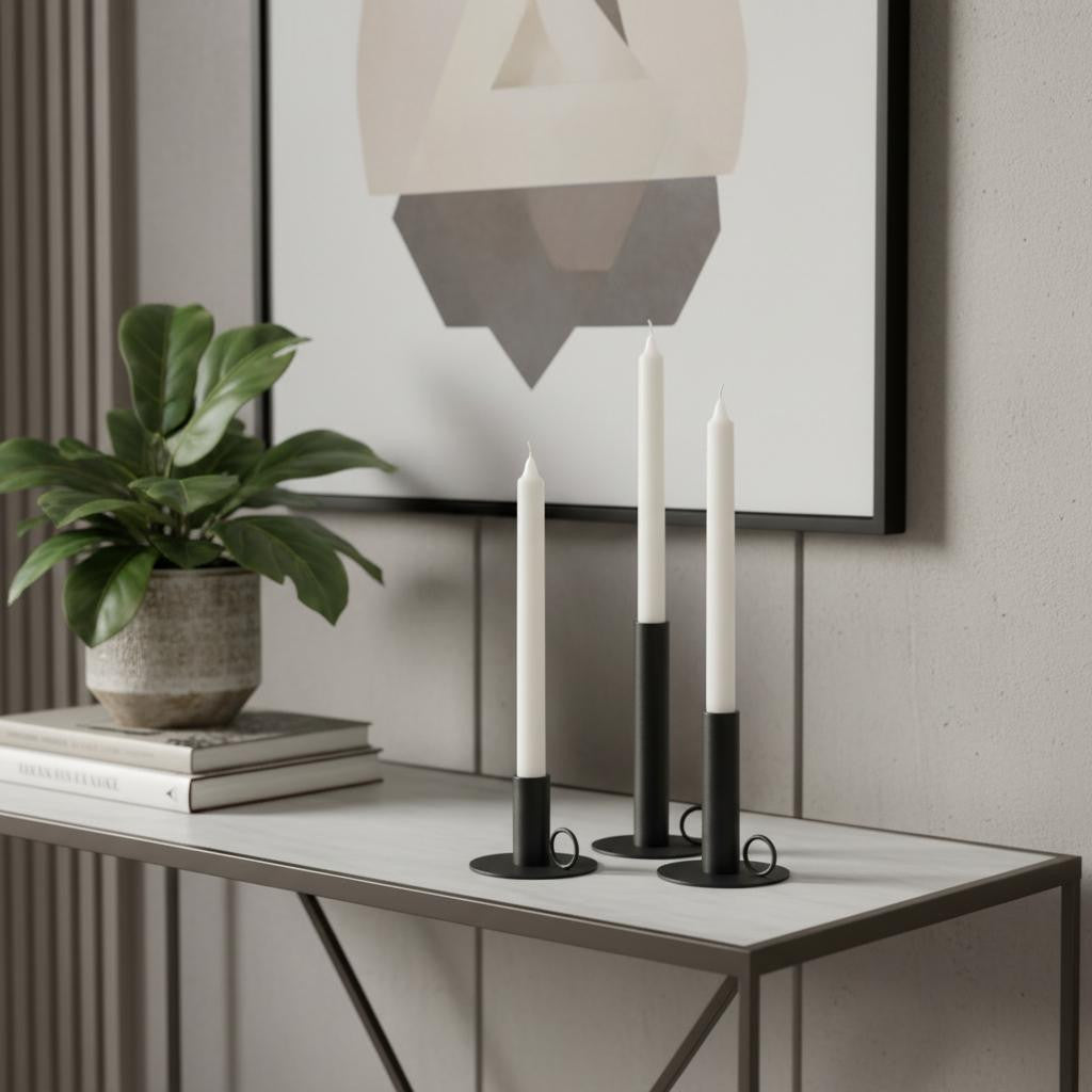 Set of Three Black Geometric Metal Tabletop Taper Candlesticks