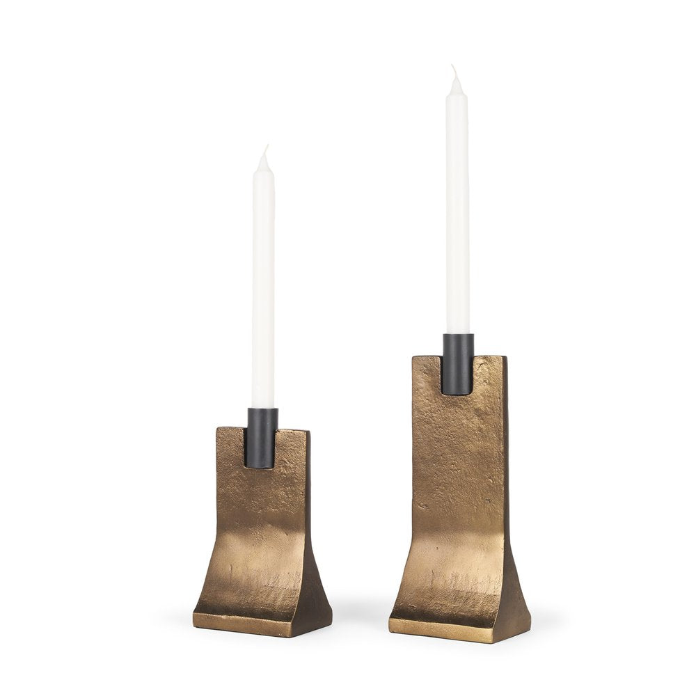 Set of Two Gold And Black Distressed Hammered Metal Tabletop Taper Candle Holders