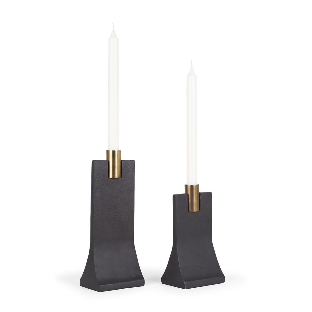 Set of Two Black And Gold Distressed Hammered Metal Tabletop Taper Candle Holders