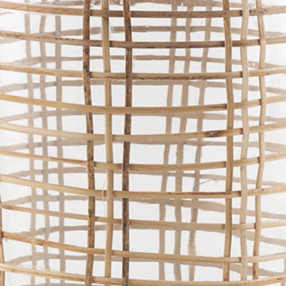 15" Clear And Natural Glass Round Floor Vase With Wrapped Rattan