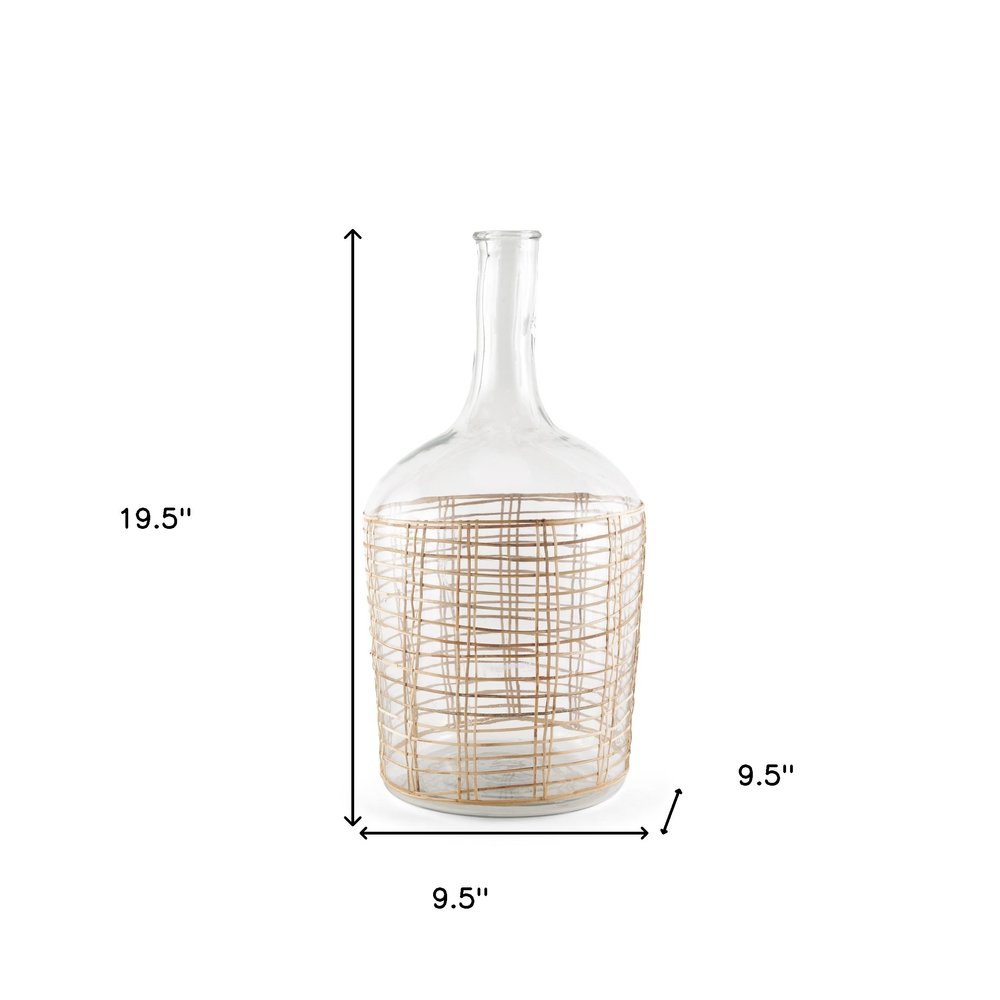 20" Clear And Natural Glass Round Floor Vase With Wrapped Rattan