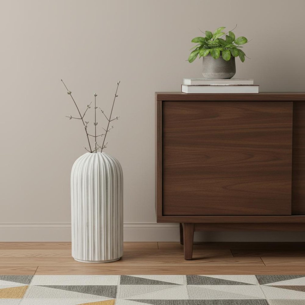 21" Gray And White Striped Ceramic Cylinder Floor Vase