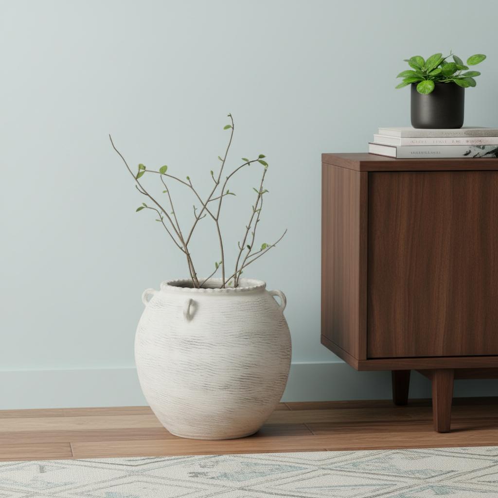 22" Cream Ceramic Amphora Floor Vase