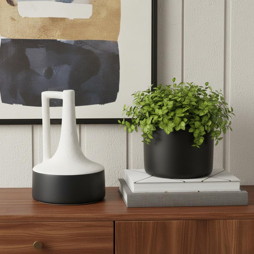 10" Black And White Ceramic Jug Vase