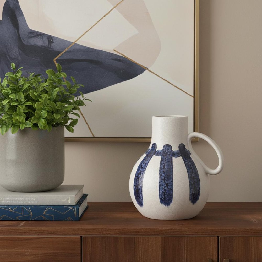 10" White And Blue Abstract Ceramic Amphora Jug Vase