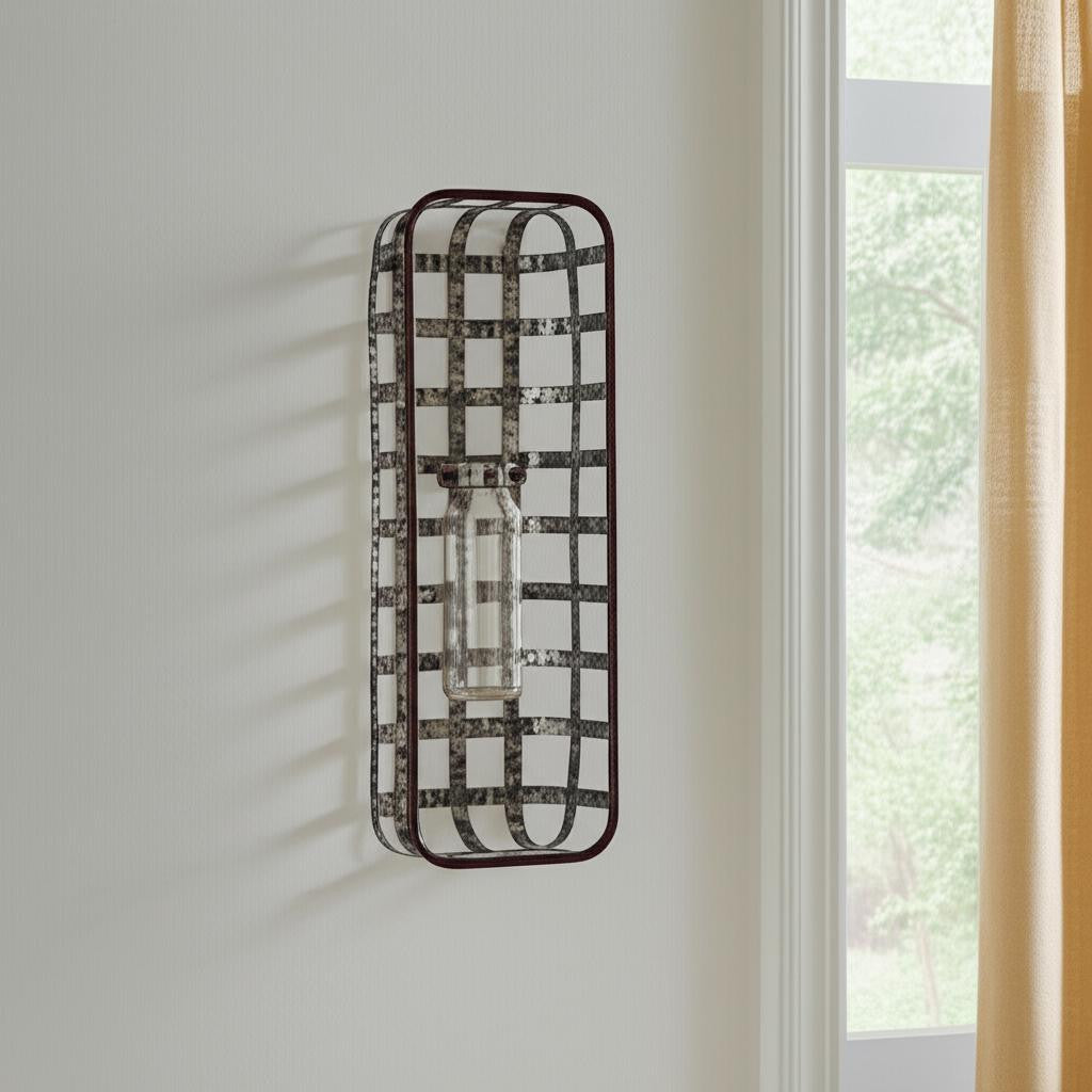17" Black And Clear Glass Bottle And Metal Wall Vase