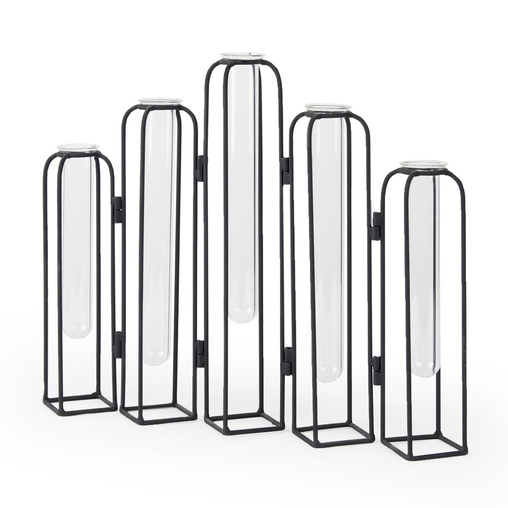 11" Clear And Black Glass And Metal Five Tube Table Vase
