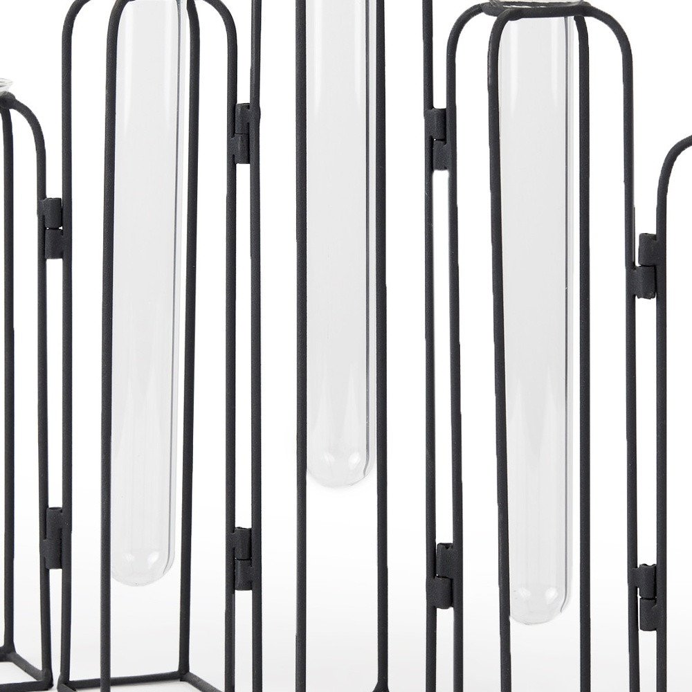 11" Clear And Black Glass And Metal Five Tube Table Vase