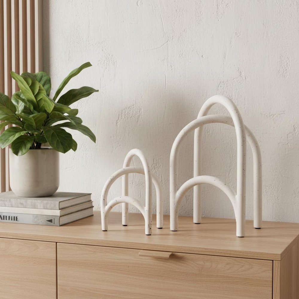 Set of Two White Iron Modern Abstract Tabletop Sculptures