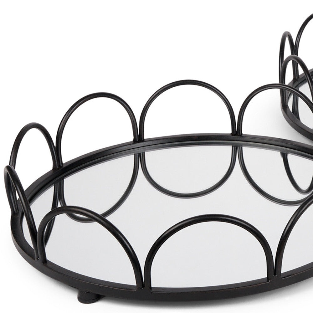 Set of Two Black And Silver Metal And Mirrored Glass Round Vanity Trays