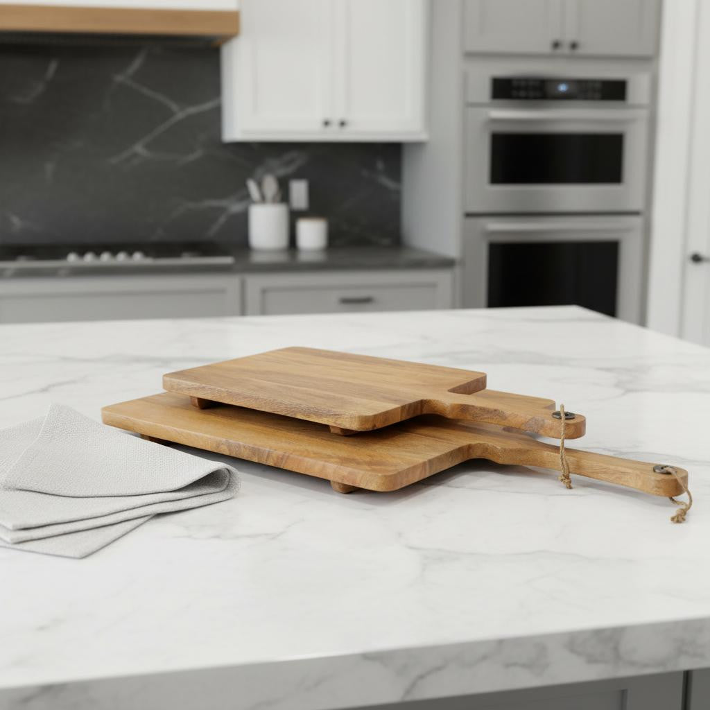 Set of Two Natural Solid Wood Handmade Serve Boards With Handles