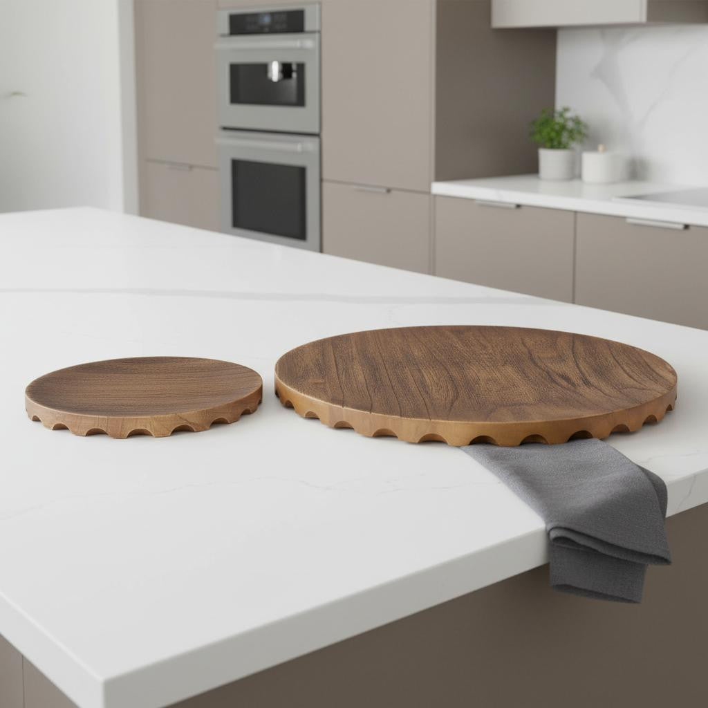Set of Two Natural Light Brown Round Wood Handmade Serving Trays