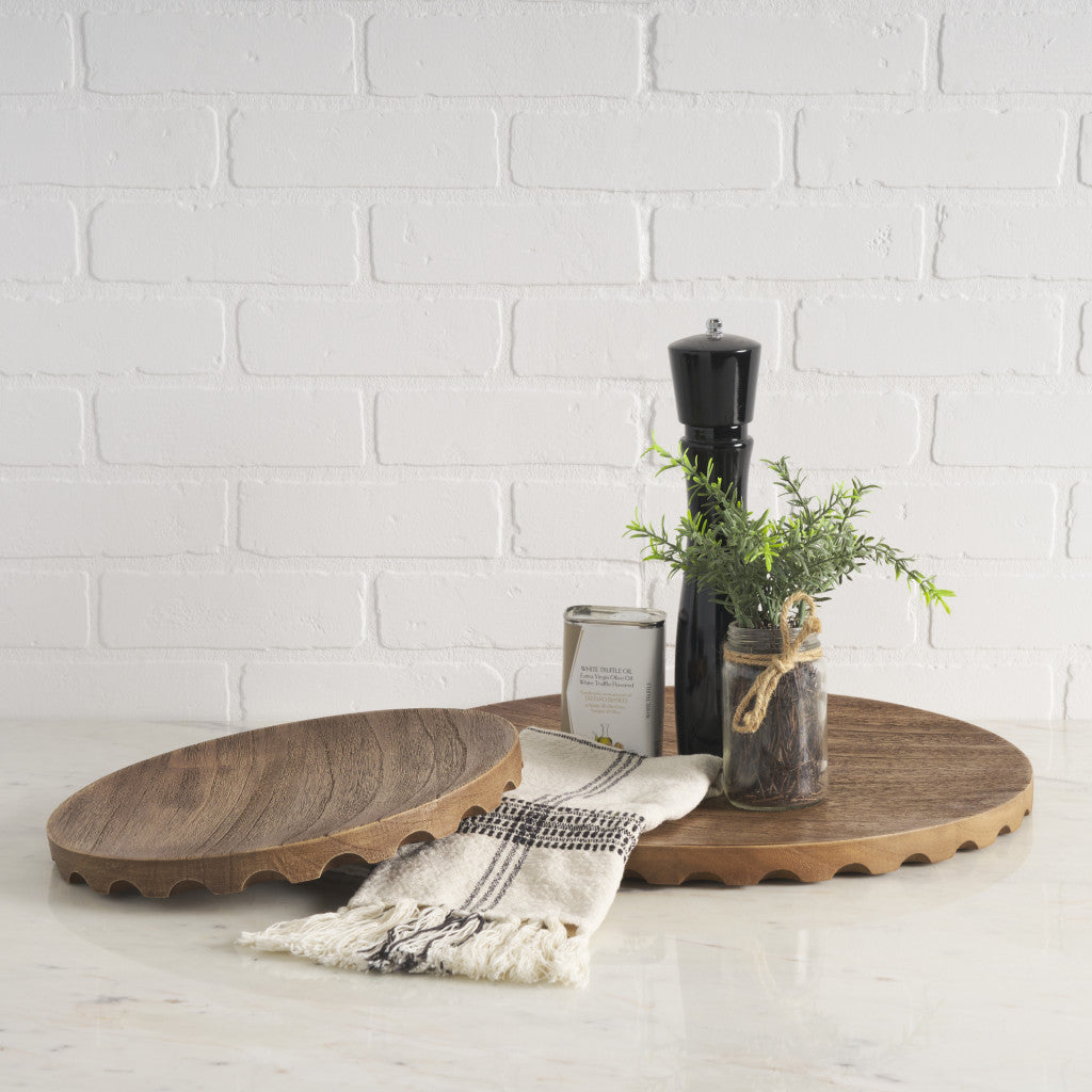 Set of Two Natural Light Brown Round Wood Handmade Serving Trays