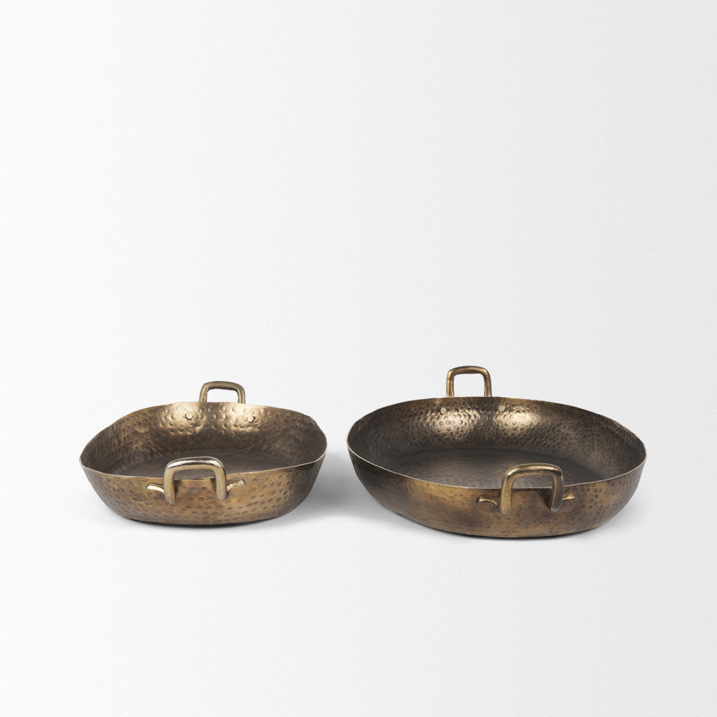 Set of Two Gold Oval Metal Handmade Serving Tray With Handles