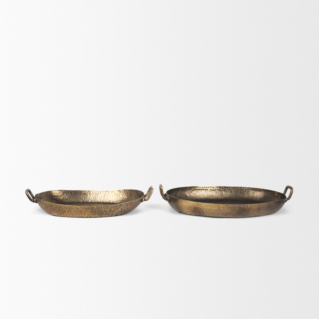 Set of Two Gold Oval Metal Handmade Serving Tray With Handles