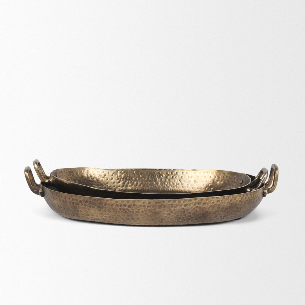 Set of Two Gold Oval Metal Handmade Serving Tray With Handles