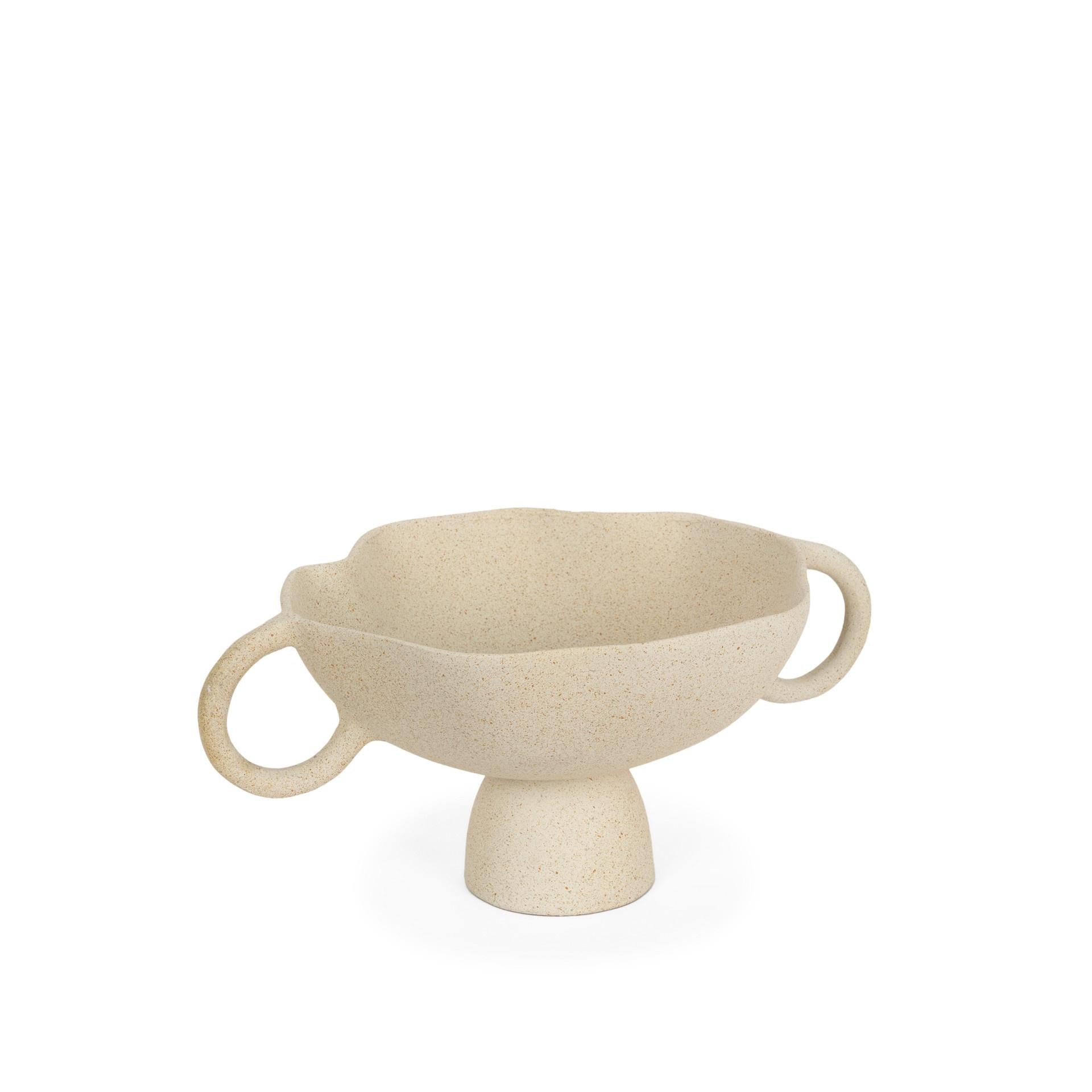 11" Beige Cast Aluminum Round Pedestal Centerpiece Bowl With Handles